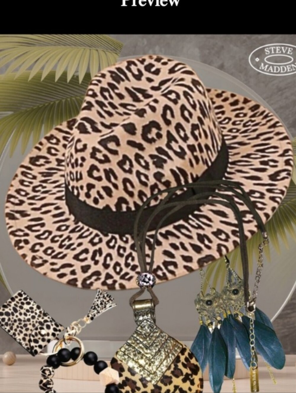 Leopard Wide Brim Felt Hat Black Band Feather Earrings Necklace Cardholder New